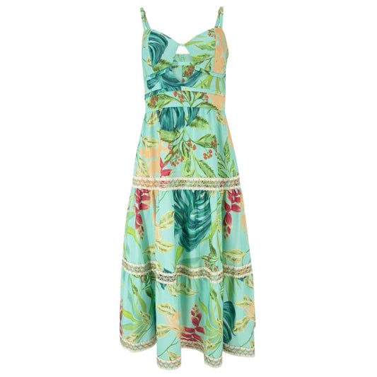 PatBO Tropicalia Leaf Print Jute Trim Midi Dress Islablue Green Size 4