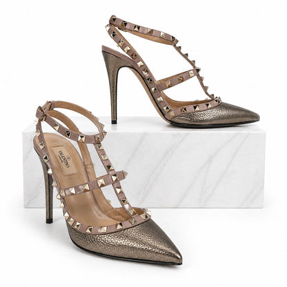 Valentino Garavani Rockstud 100mm Leather Caged Pump Bronze Pink Size 39.5