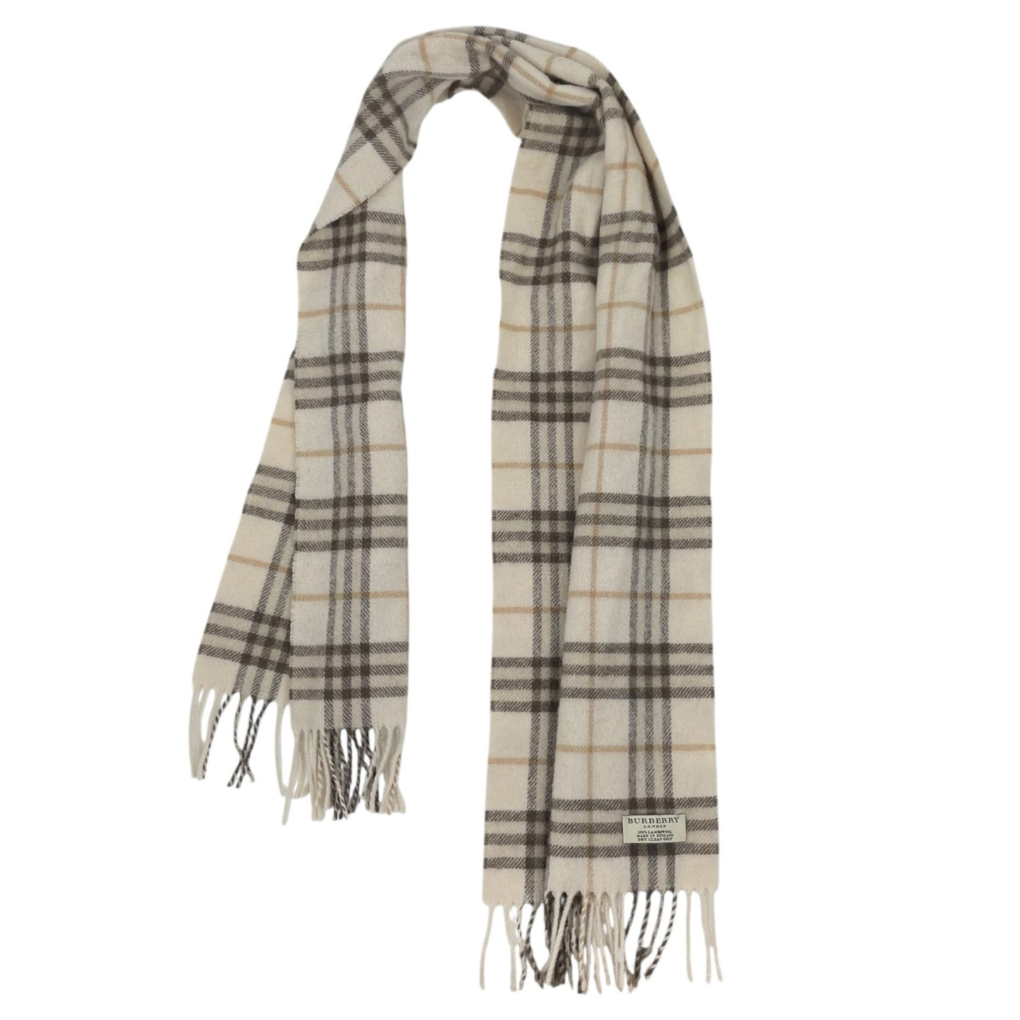 Burberry London Nova Check Plaid Fringe Lambswool Scarf Beige 55"x12"