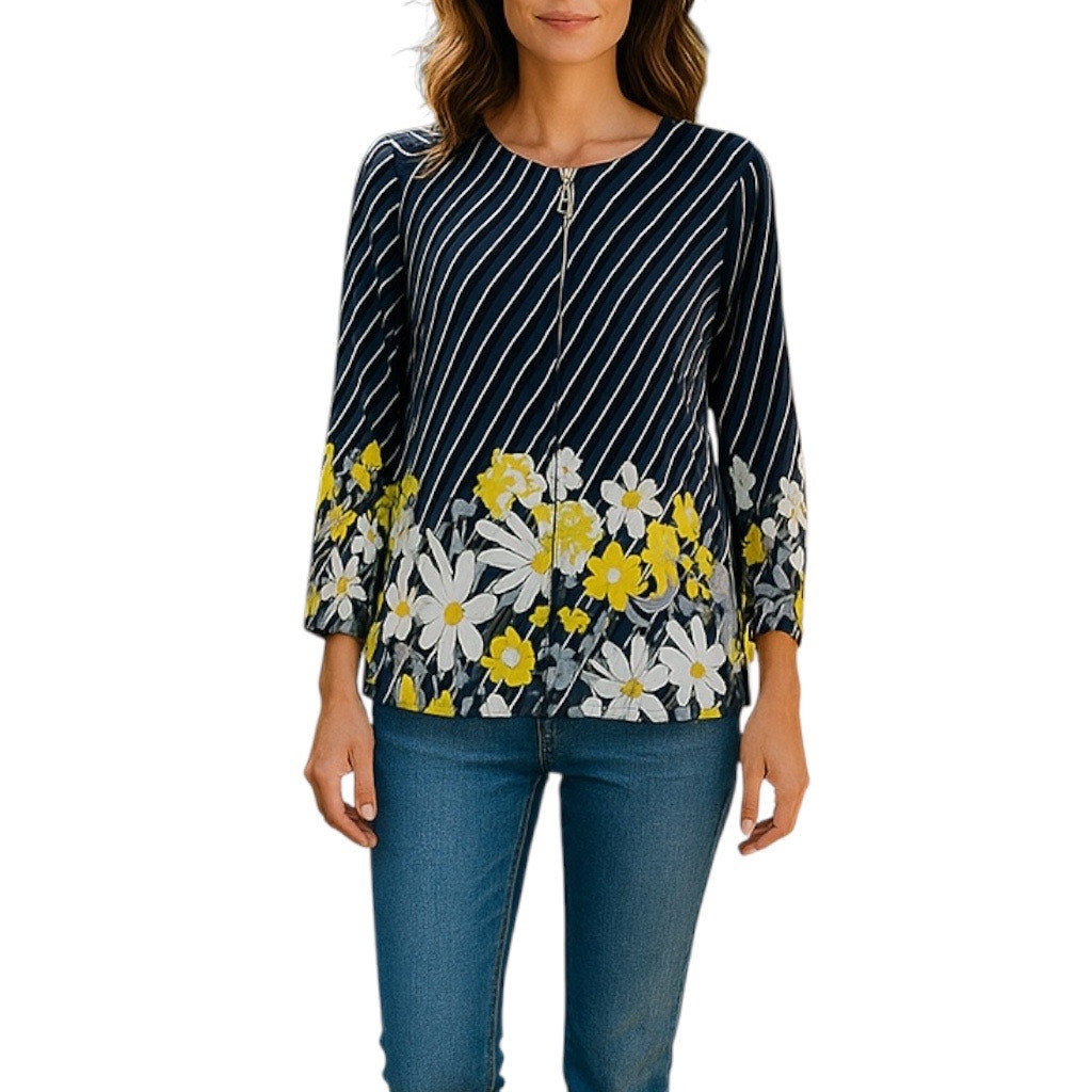 Bob Mackie Diagonal Stripe Multi-Floral Ponte Knit Jacket Gray Size S
