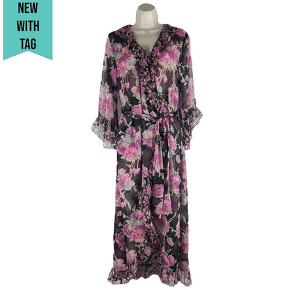 MISA Los Angelos Naia Floral Print Chiffon Wrap Midi Dress Size XS