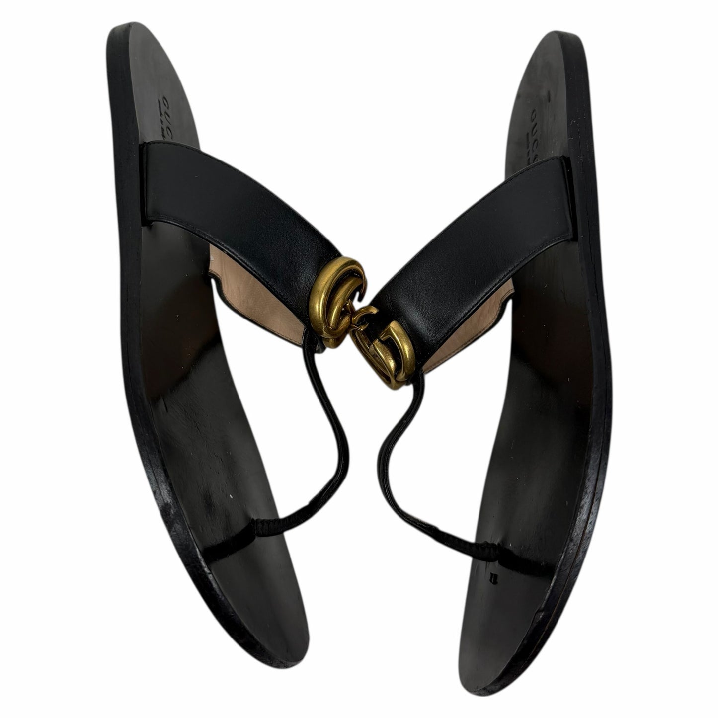 Gucci Black Leather Thong Sandal Gold Double G Logo Size 36.5