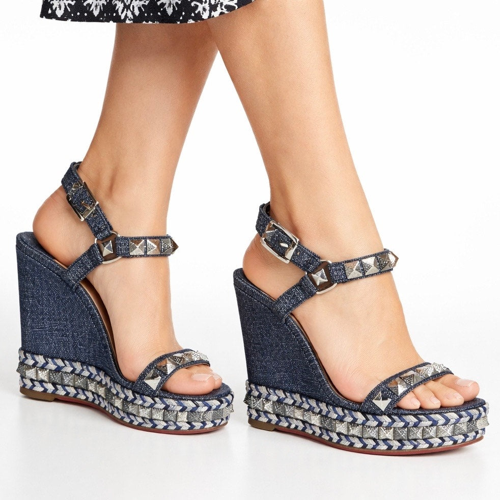 Christian Louboutin Lame Lux Pyraclou 110 Denim Wedge Sandal Blue Size 41