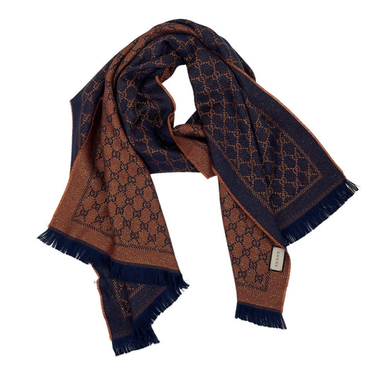 Gucci Wool Jacquard GG Monogram Stenlux Scarf Midnight Blue Metallic