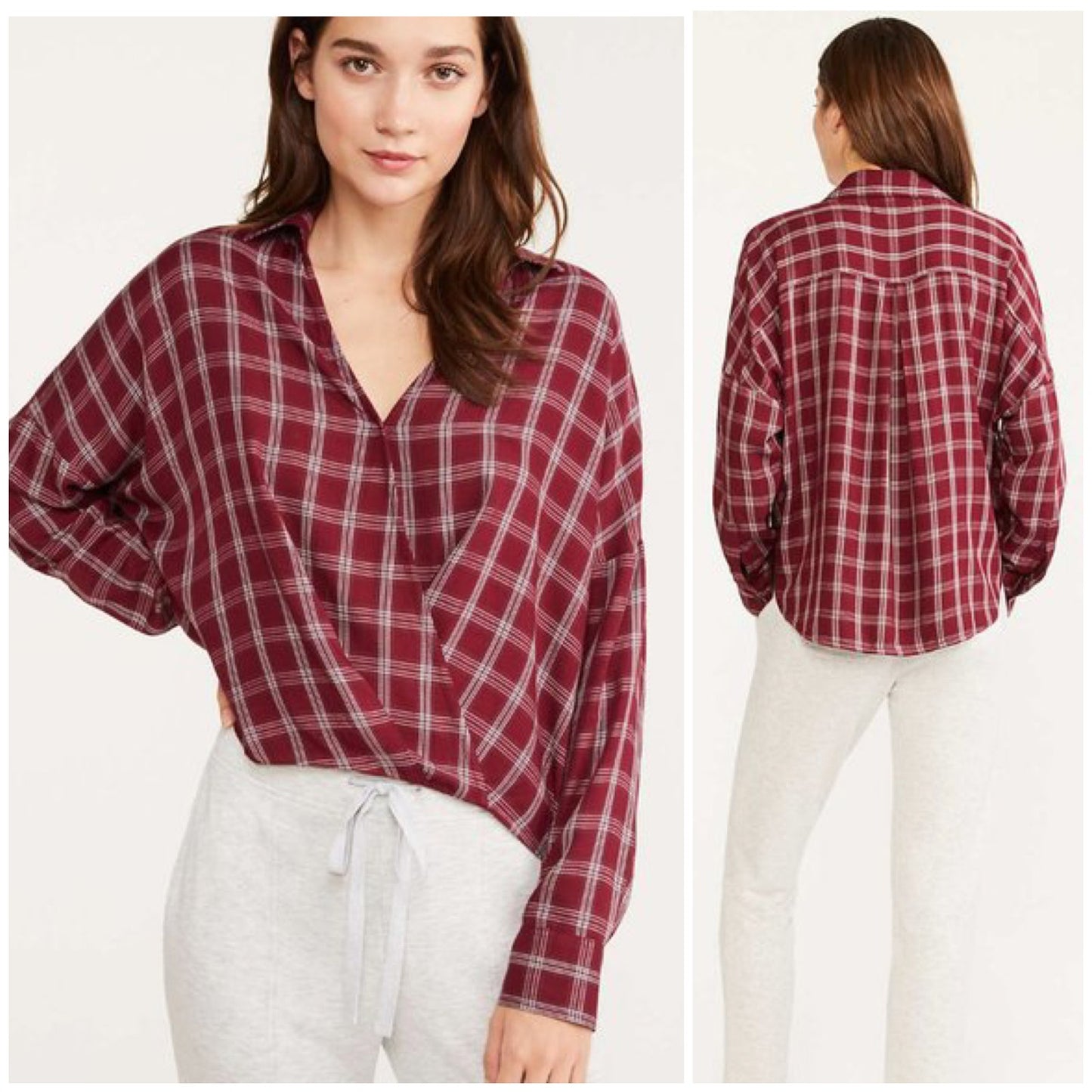 Lou & Grey for LOFT Plaid Long Sleeve Faux Wrap Top Dark Red Size S