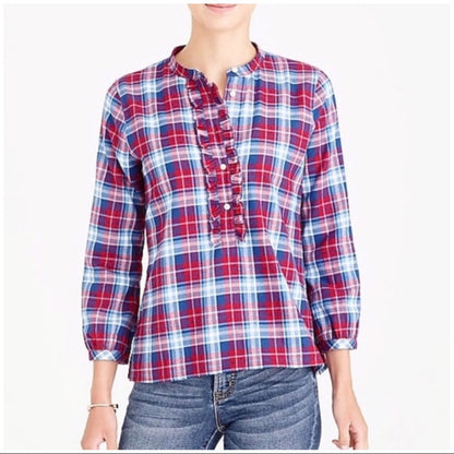 J. Crew Mercantile Flannel Plaid Popover Shirt Top Ruffle Blue Red Size XS