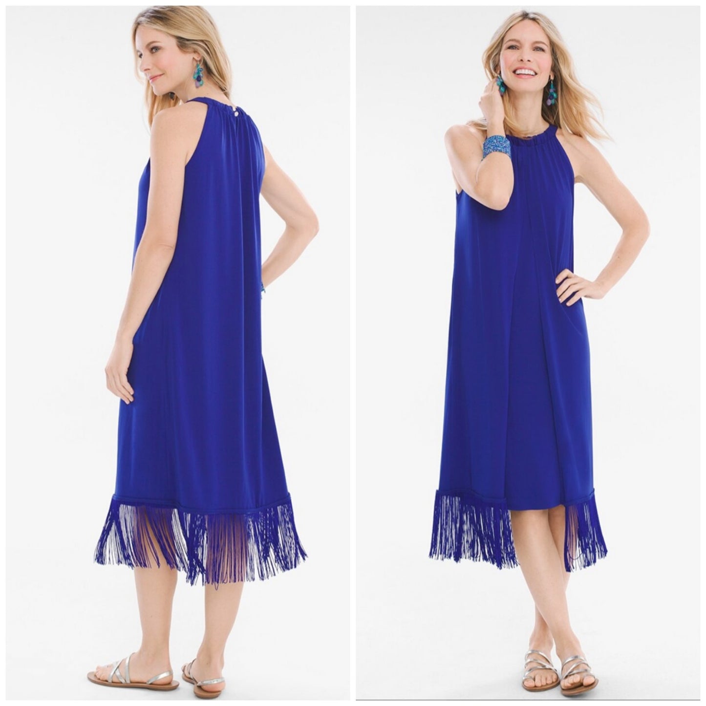 Chico's Fringed Hem Halter Neck Midi Dress Blue Size 2P/ LP