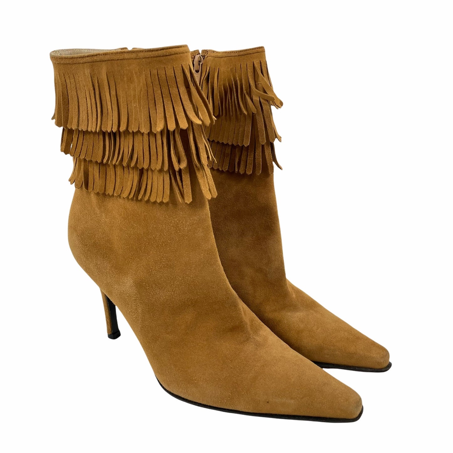 Stuart Weitzman Suede Fringed Ankle Boots Pointed Toe Brown Size 10B