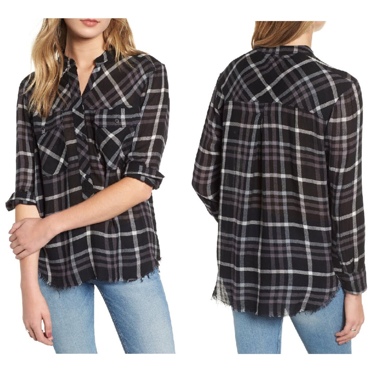 Rails Redding Frayed Trim Plaid Hi Lo Shirt In Ink Grey White Size XS