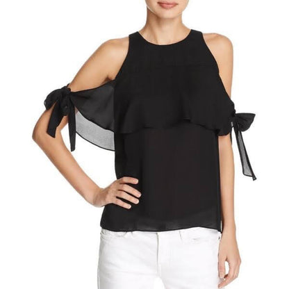 Ramy Brook Penelope Silk Cold Shoulder Tie Sleeve Top Black Size M