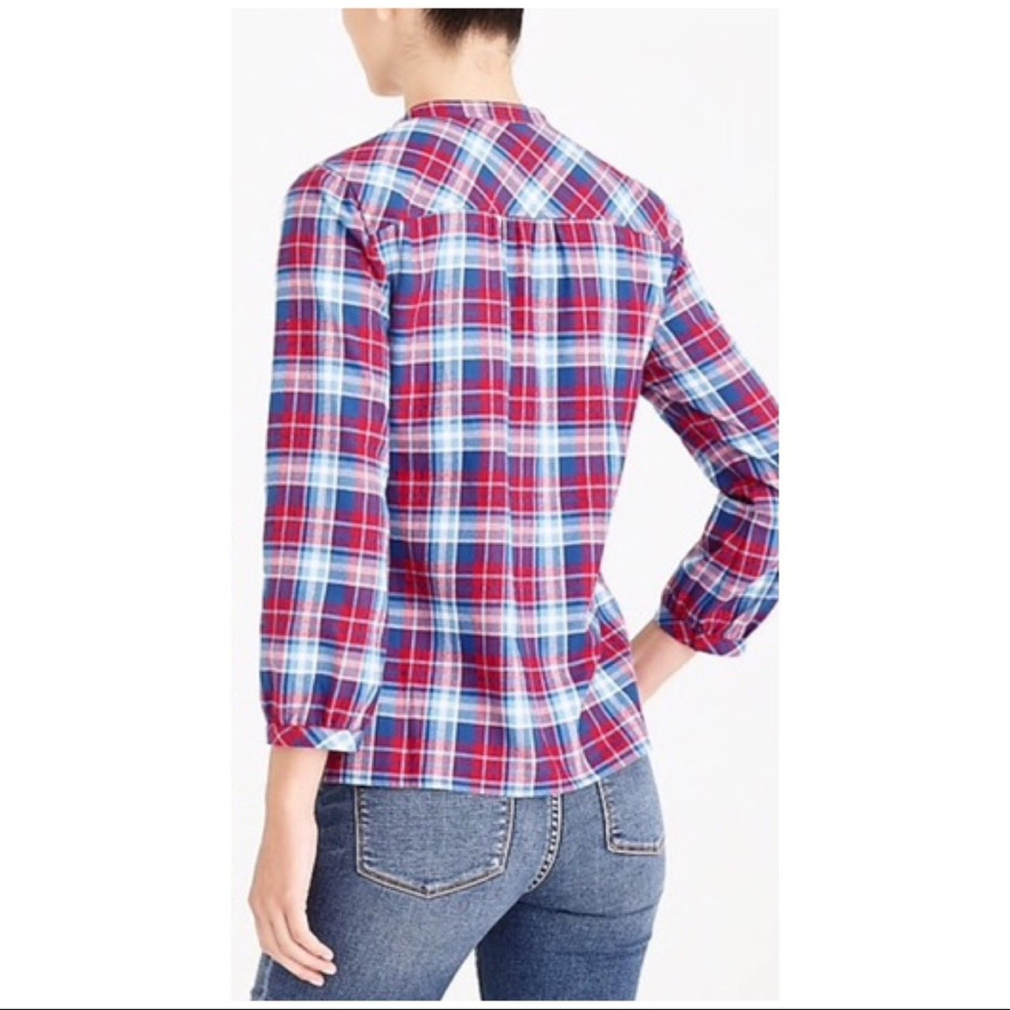 J. Crew Mercantile Flannel Plaid Popover Shirt Top Ruffle Blue Red Size XS