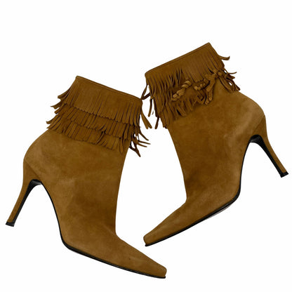 Stuart Weitzman Suede Fringed Ankle Boots Pointed Toe Brown Size 10B