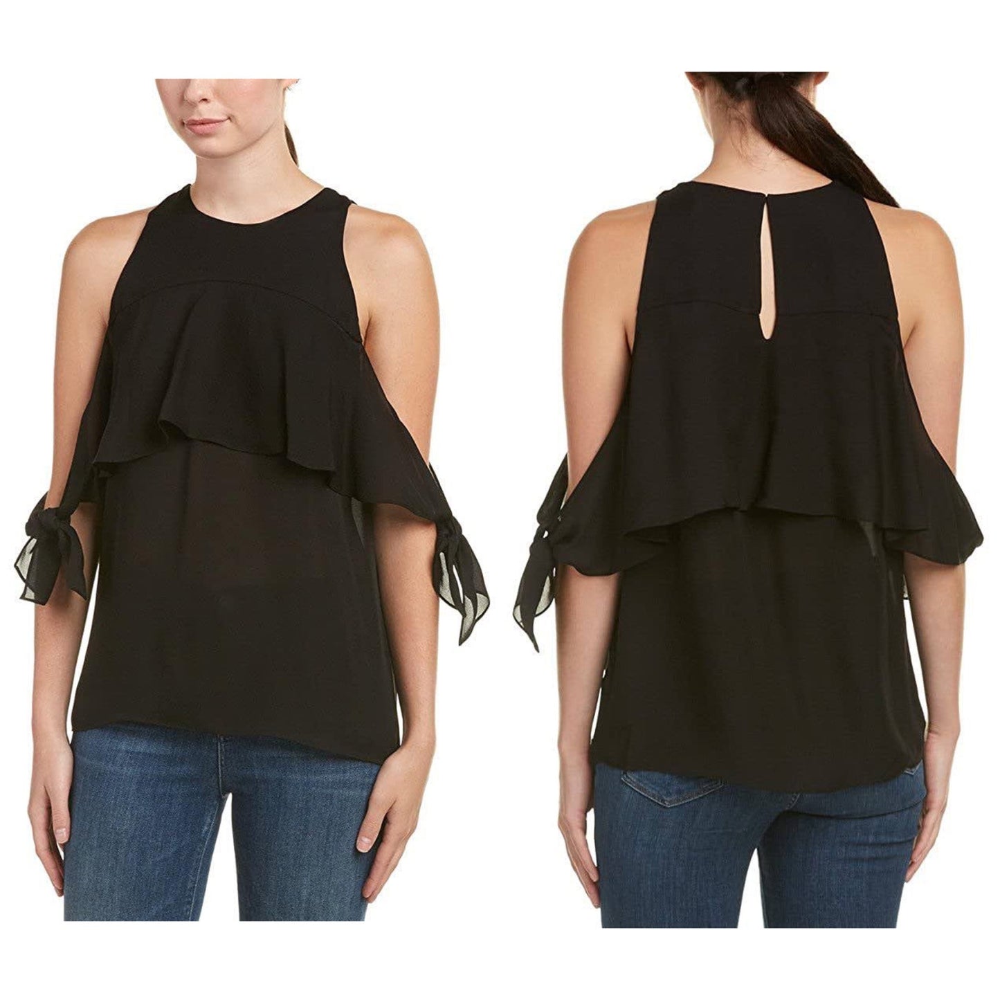 Ramy Brook Penelope Silk Cold Shoulder Tie Sleeve Top Black Size M