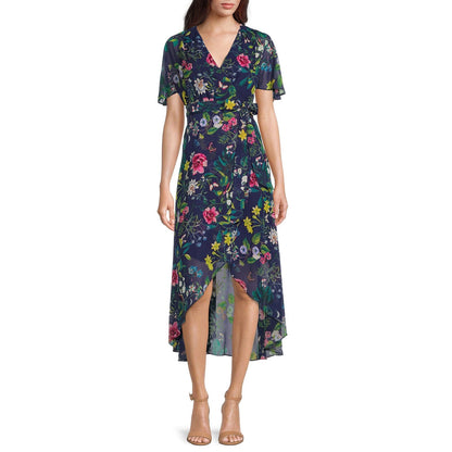 Eliza J Floral Printed Faux Wrap Midi Dress Hi Lo Hem Tie Waist Size 6