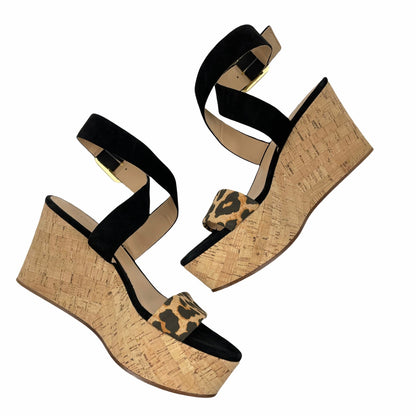 Veronica Beard Hurley Platform Wedge Sandals Leopard Ankle Strap Size 8M