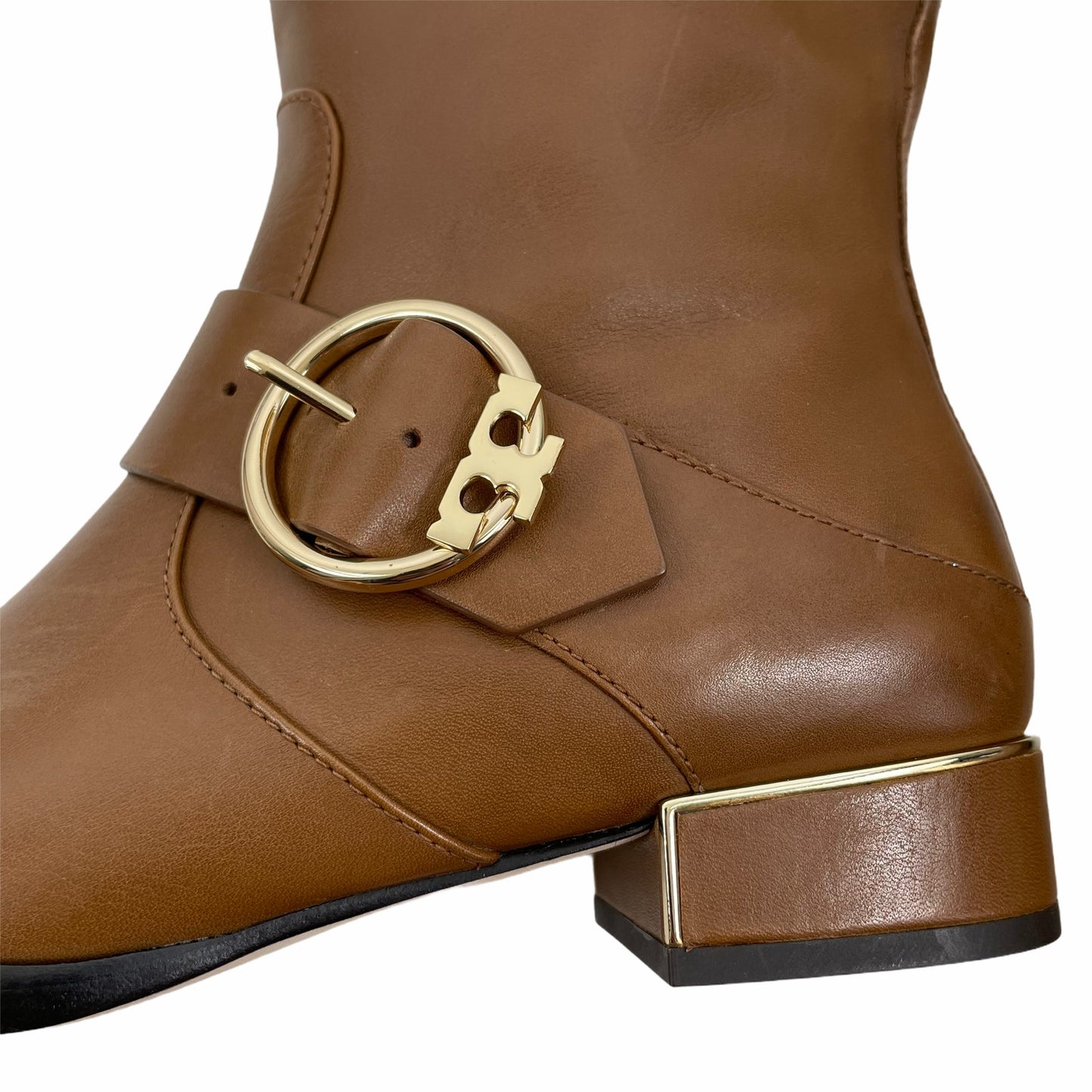 Tory Burch Sofia Tall Riding Boots Leather Logo Festive Brown Size 7