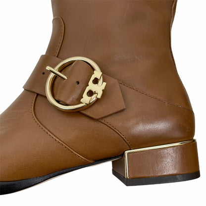 Tory Burch Sofia Tall Riding Boots Leather Logo Festive Brown Size 7