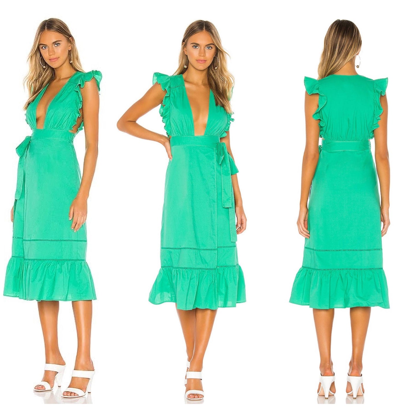 Lovers + Friends Zane Wrap Midi Dress Plunge Neck Green Size XS